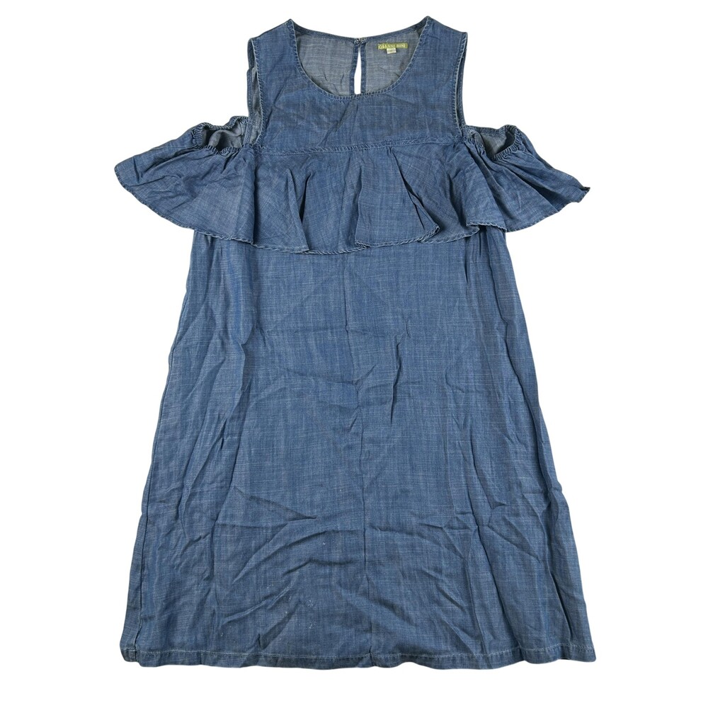Gianni Bini Dress Womens Medium Blue Tencel Cold Shoulder Ruffle Shift Sundress
